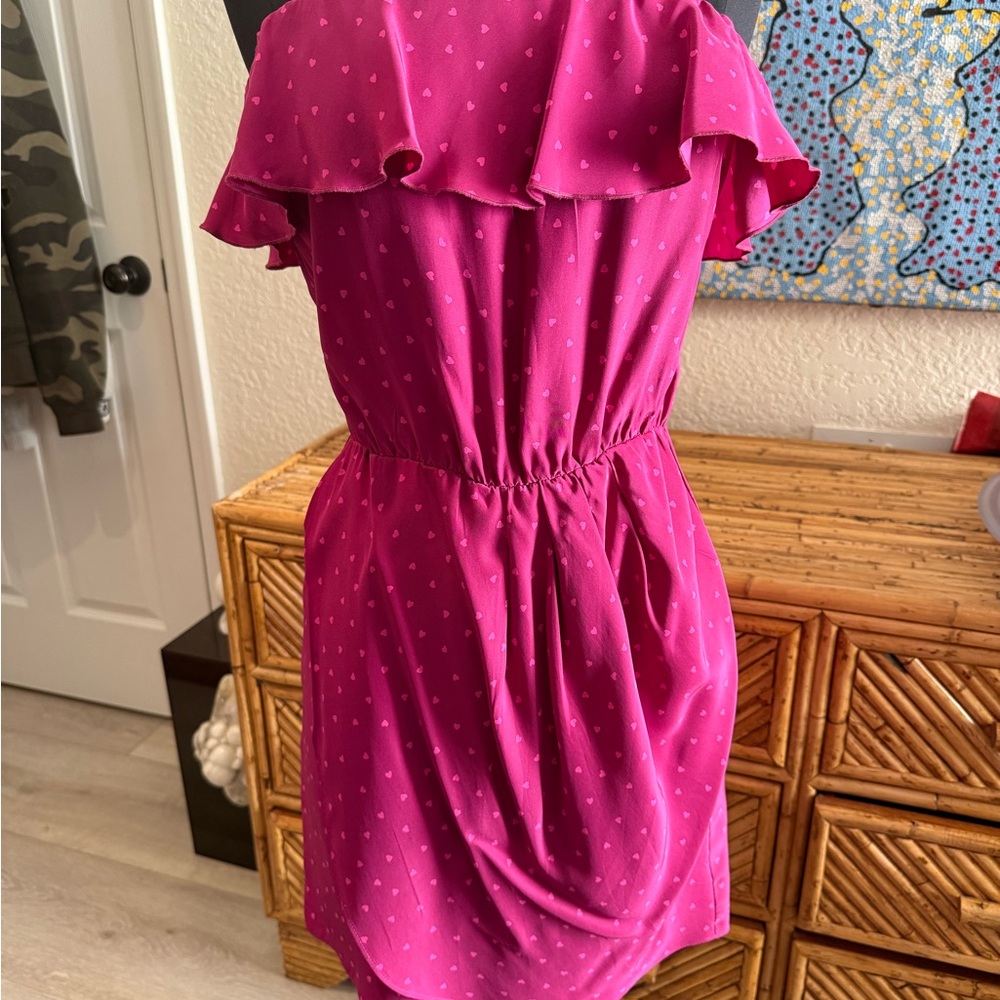 $225 AMANDA UPRICHARD Pink Heart Pattern Ruffled Silk Mini Dress Sz S Revolve